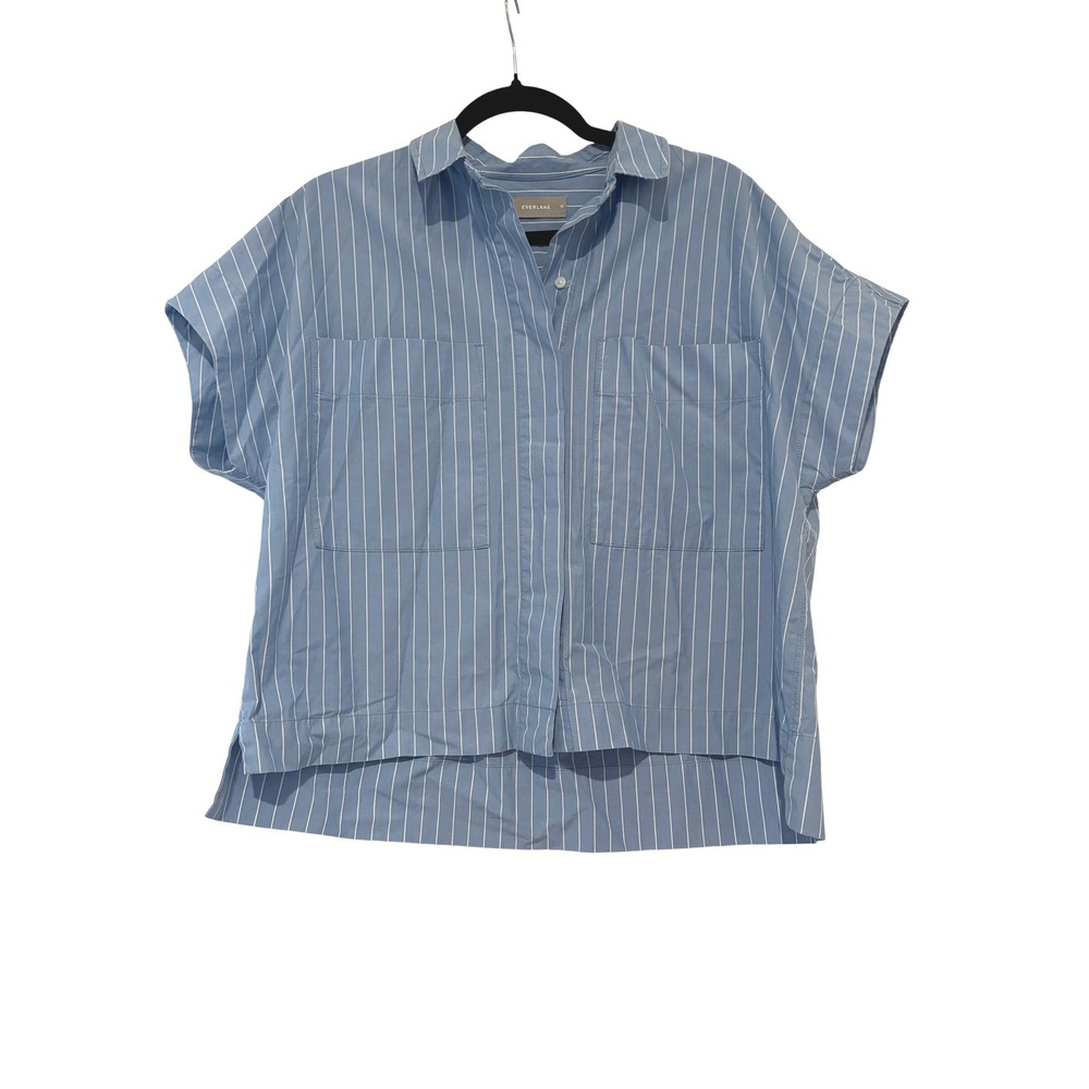 Everlane sz M cotton blue white pin stripe short sleeve button down blouse MM